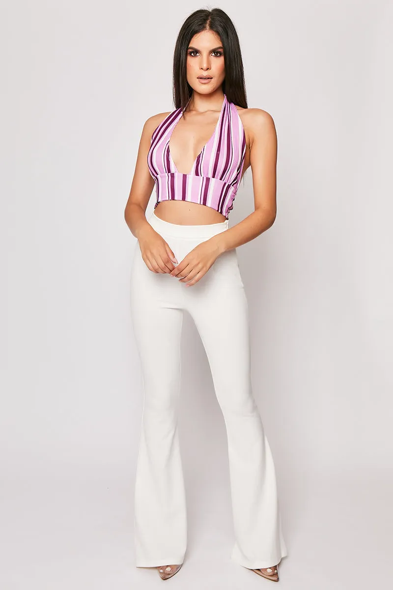 Alanya - Purple Stripe Halterneck Plunge Crop Top