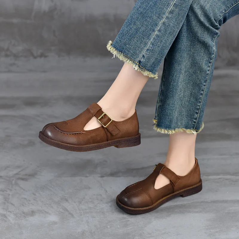 Babakud Women Spring Retro Handmade Leather Buckle Flats