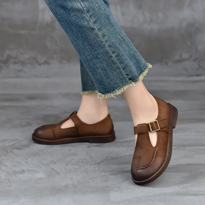 Babakud Women Spring Retro Handmade Leather Buckle Flats