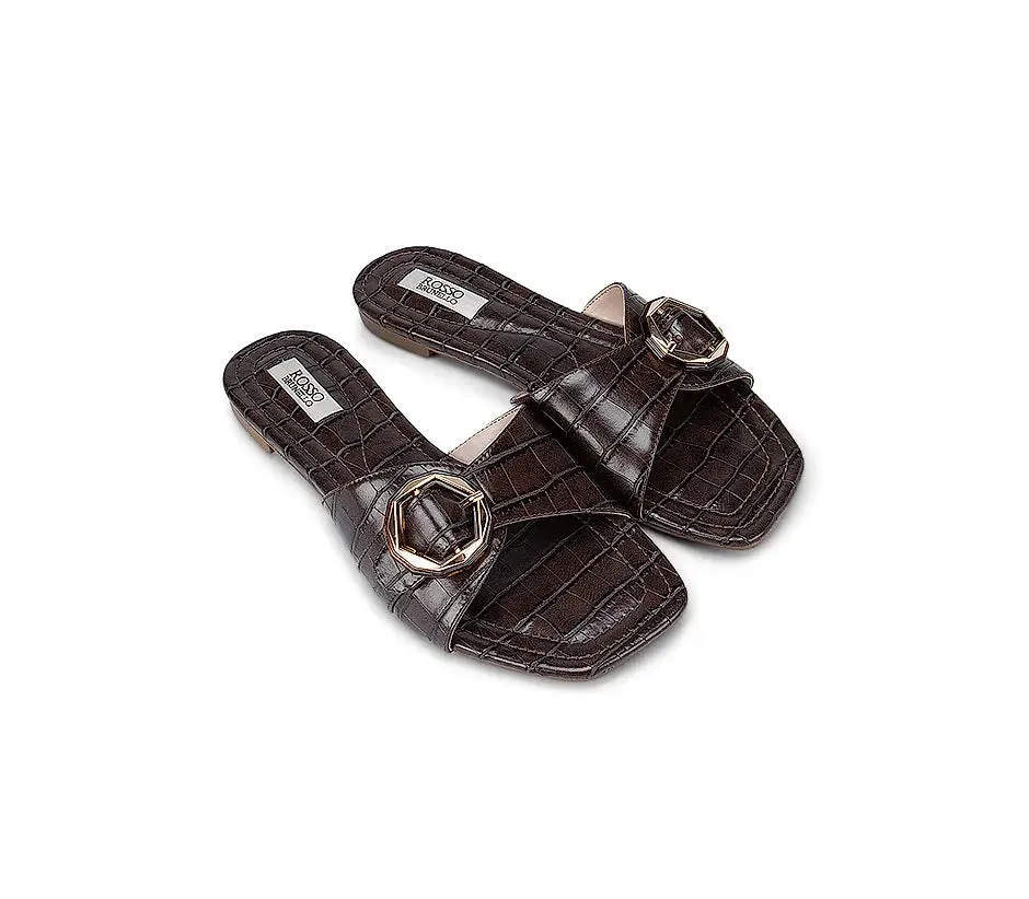 Brown Croco Textured Strap Sliders