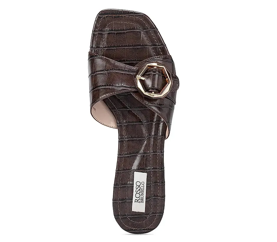 Brown Croco Textured Strap Sliders