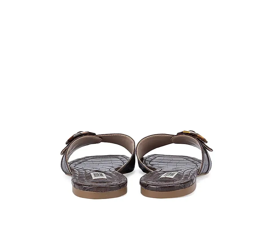 Brown Croco Textured Strap Sliders
