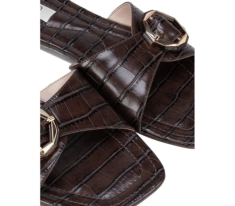 Brown Croco Textured Strap Sliders
