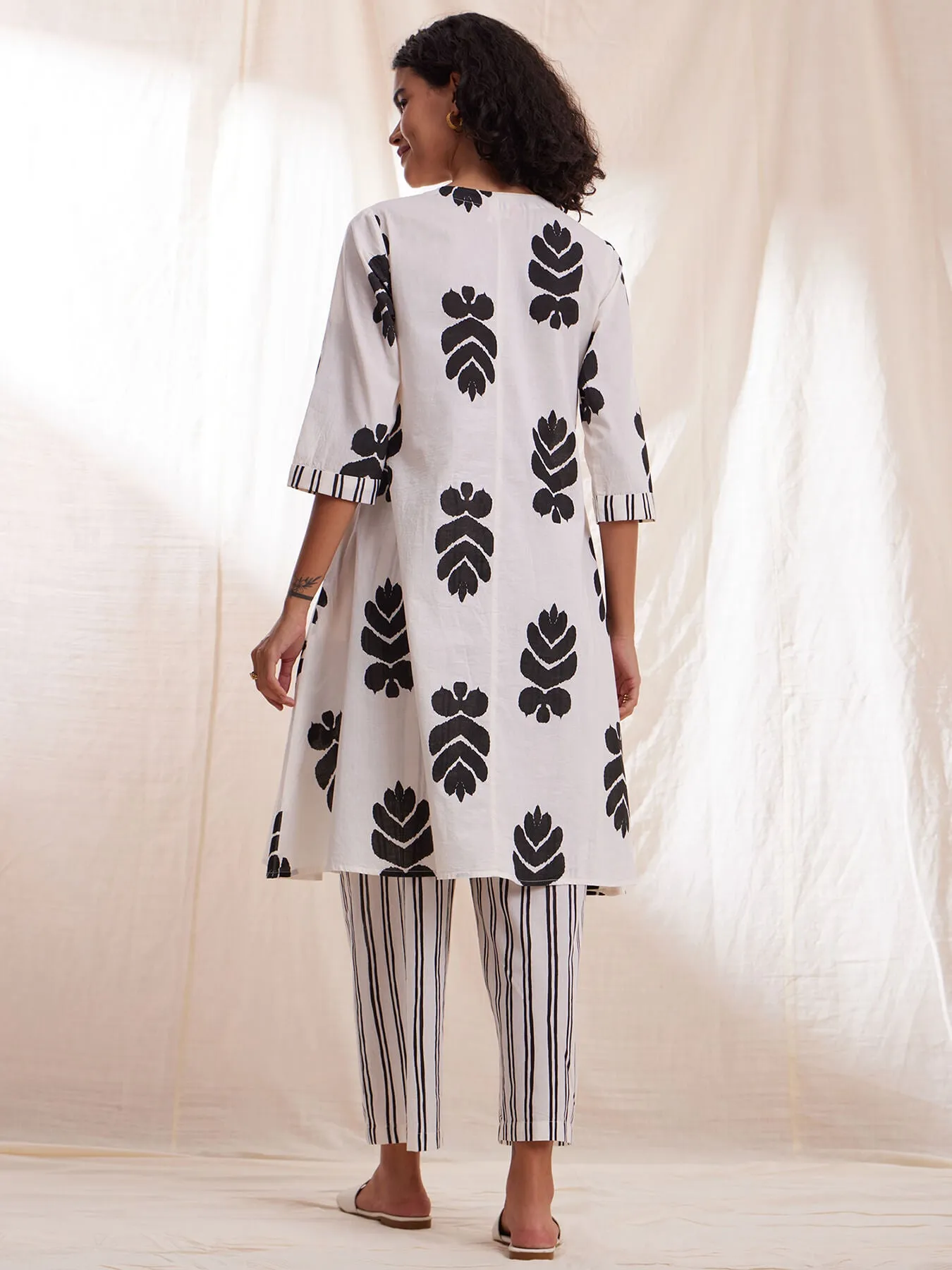 Cotton Ikat A-line Kurta Set - Black & White