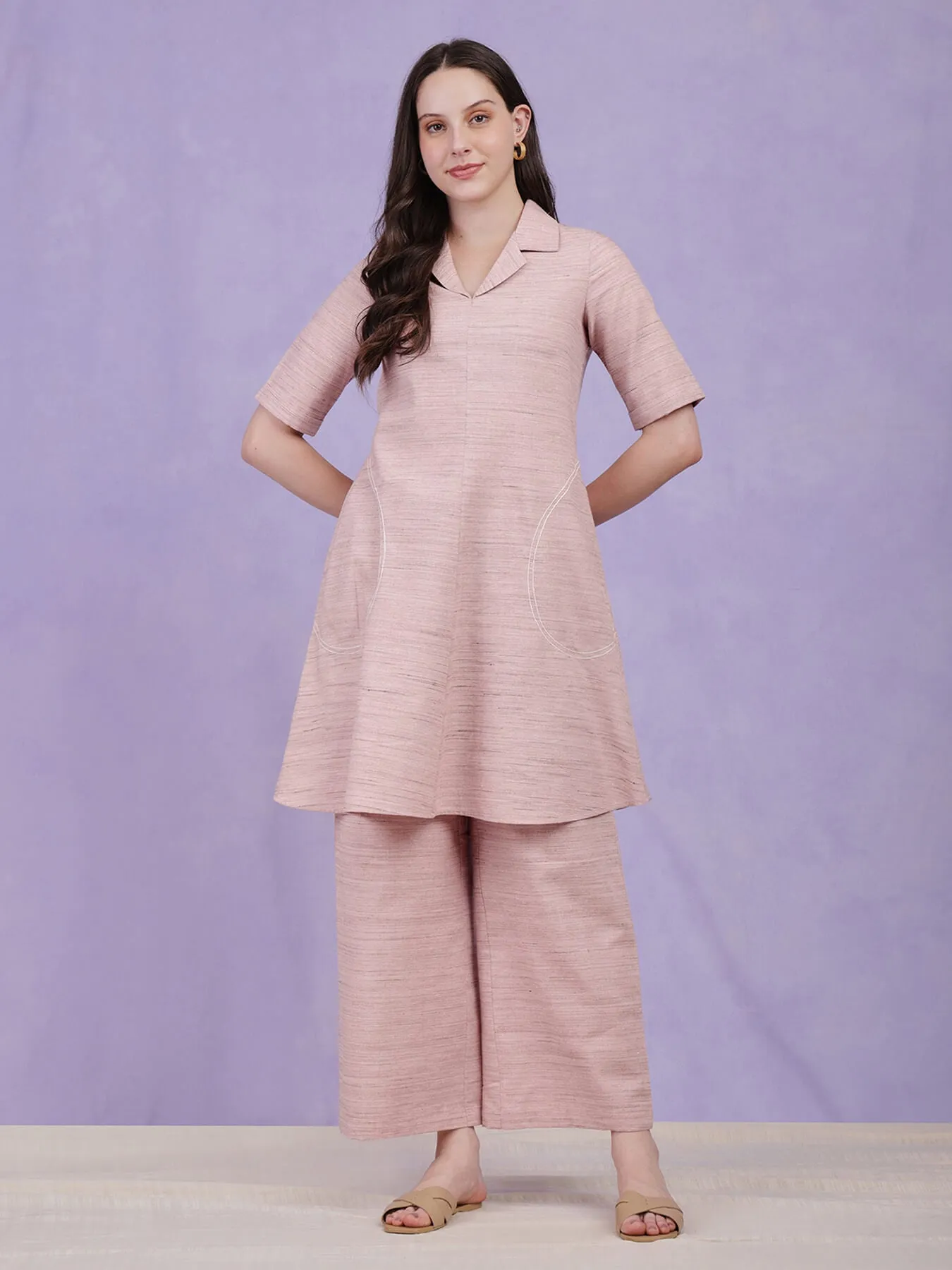 Cotton Solid A-Line Co-ord Set - Pink