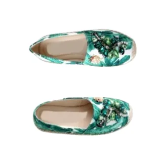 ESPI ESPADRILLE FLATS WITH GREEN RHINESTONE EMBELLISHMENTS