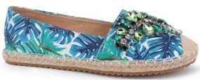 ESPI ESPADRILLE FLATS WITH GREEN RHINESTONE EMBELLISHMENTS