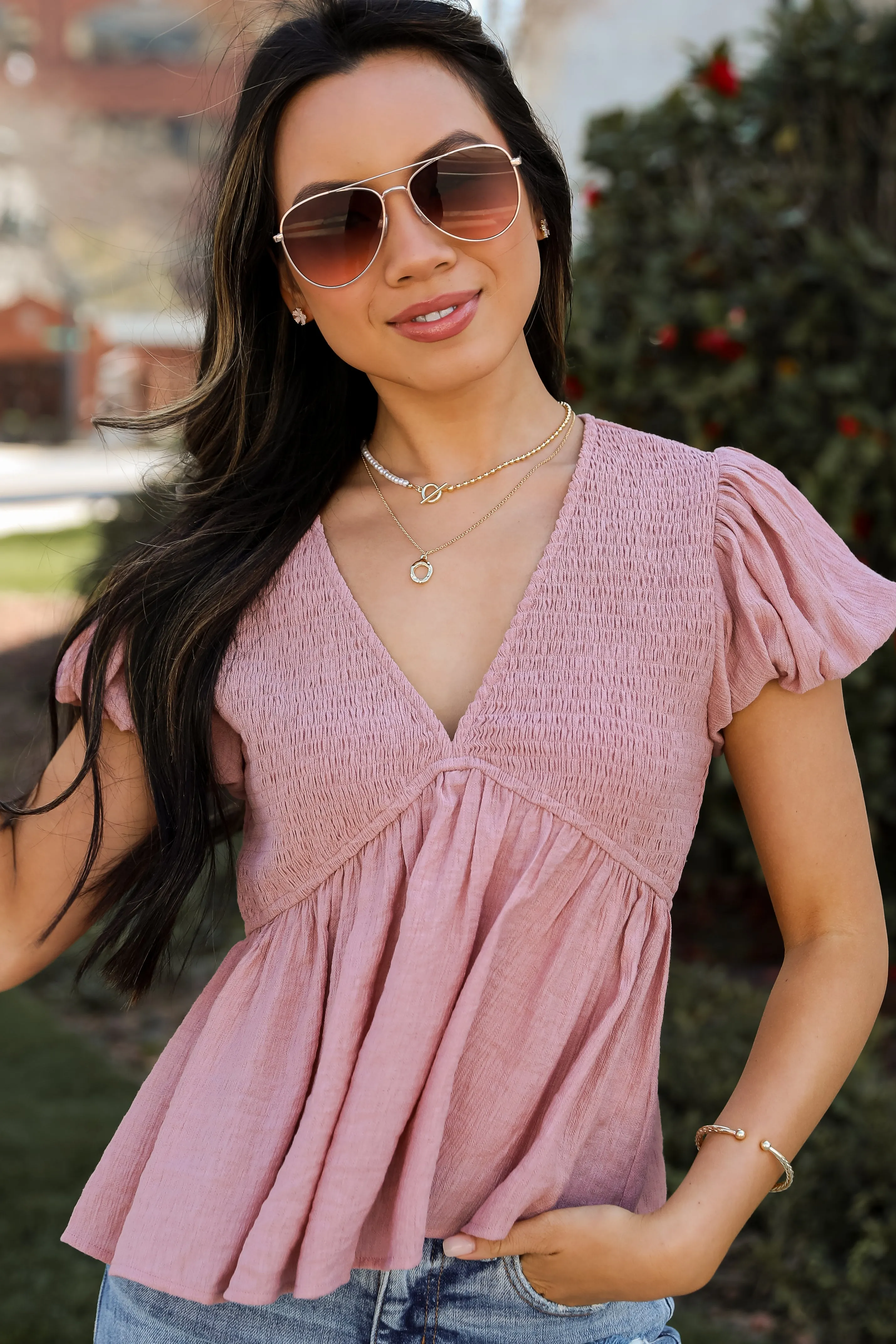 FINAL SALE - Sweet Direction Blush Smocked Babydoll Blouse
