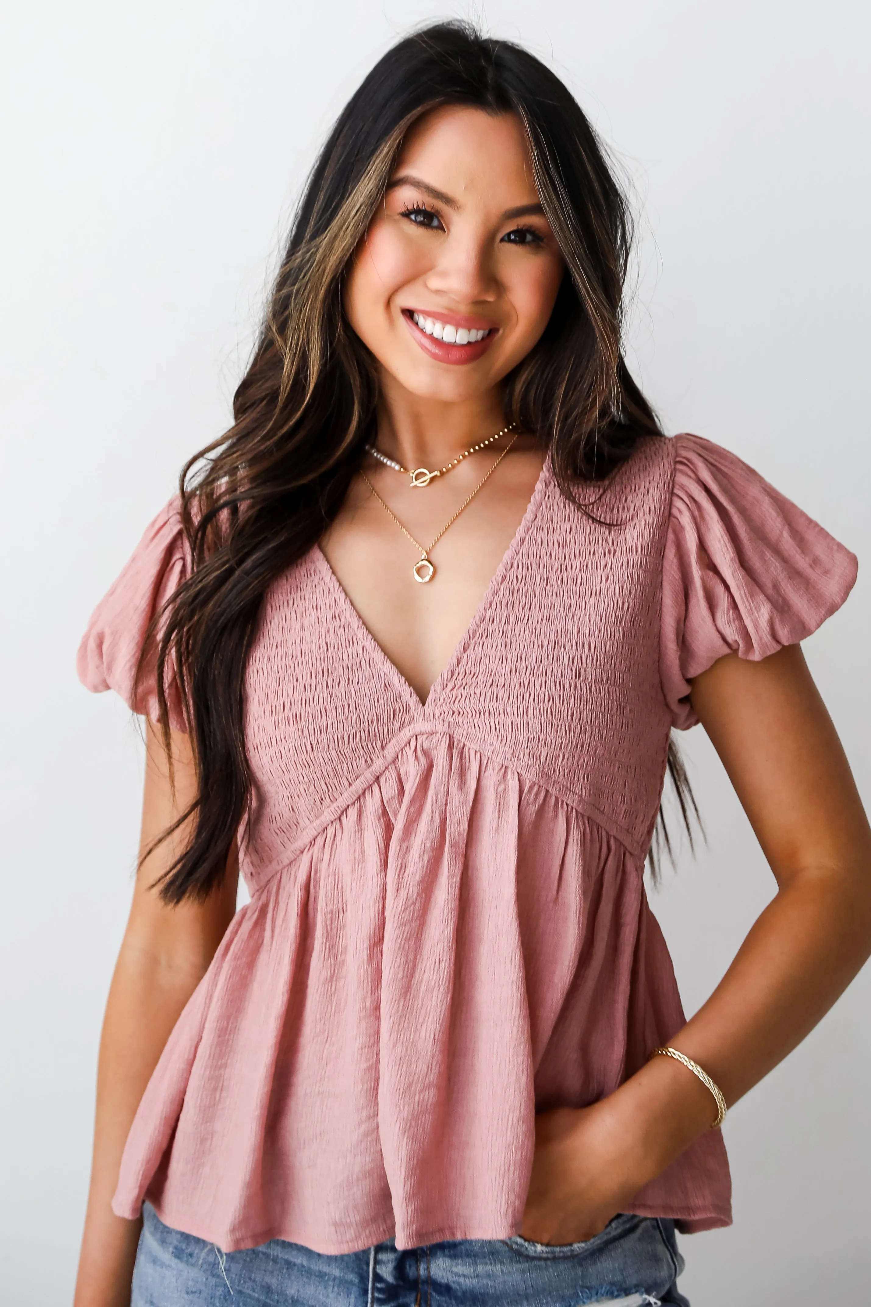 FINAL SALE - Sweet Direction Blush Smocked Babydoll Blouse