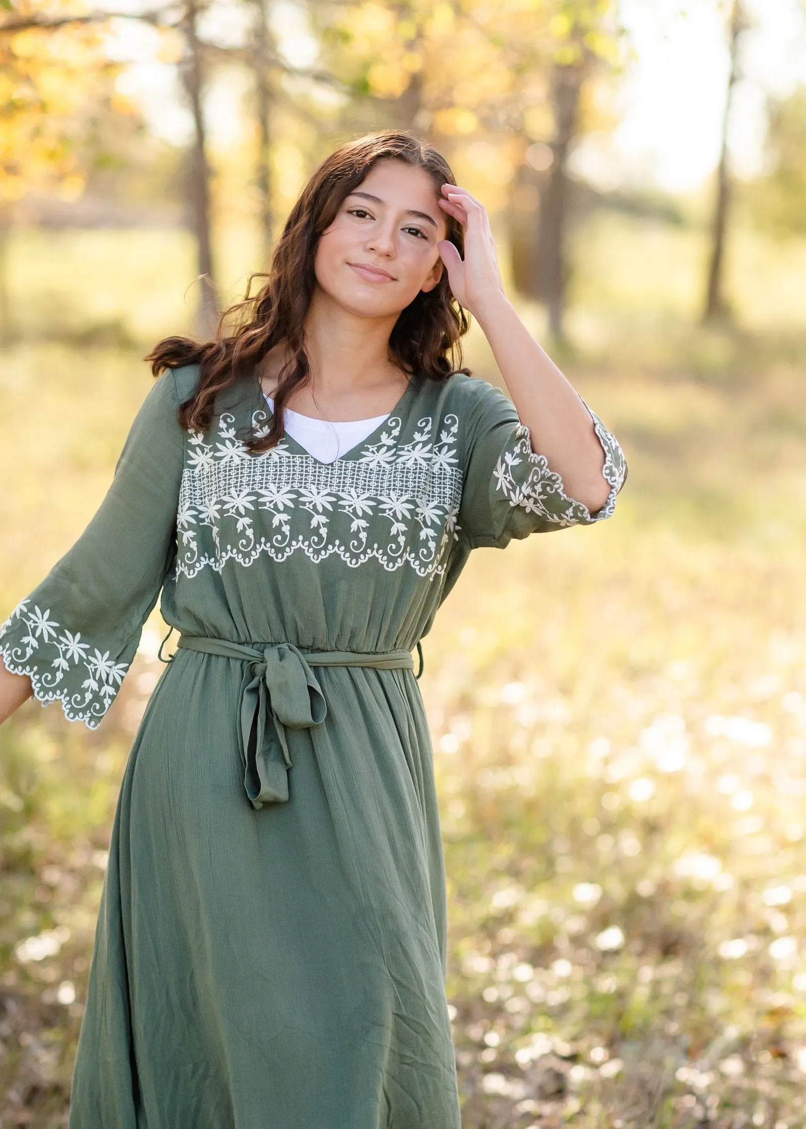 Flare 3/4 Sleeve Floral Embroidered Midi Dress - FINAL SALE