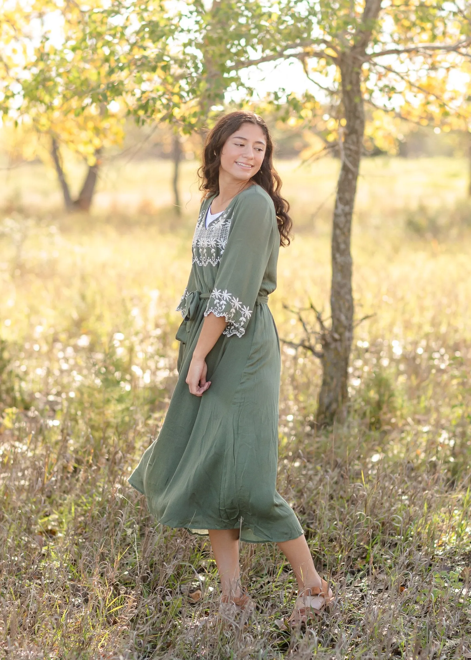 Flare 3/4 Sleeve Floral Embroidered Midi Dress - FINAL SALE