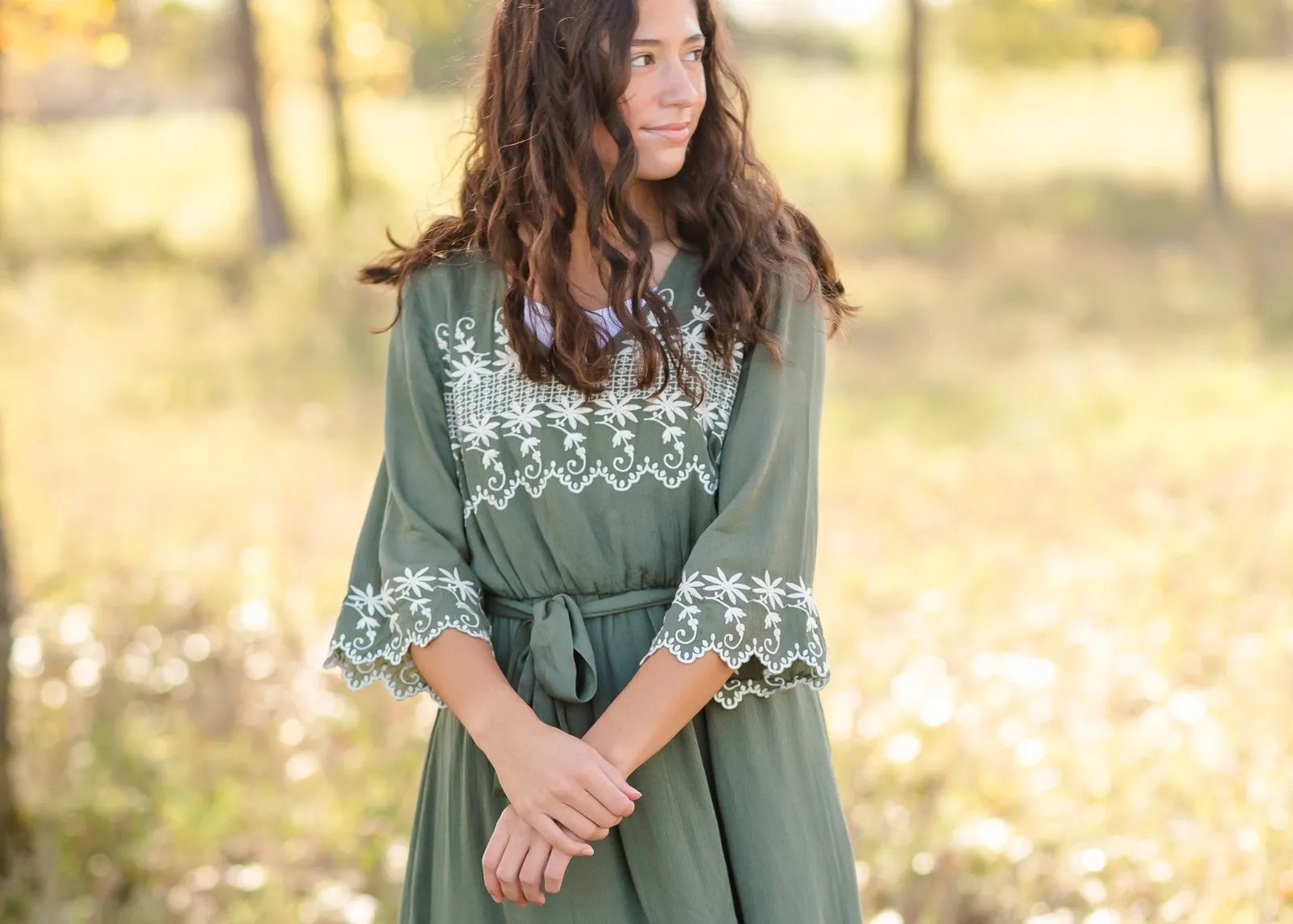 Flare 3/4 Sleeve Floral Embroidered Midi Dress - FINAL SALE