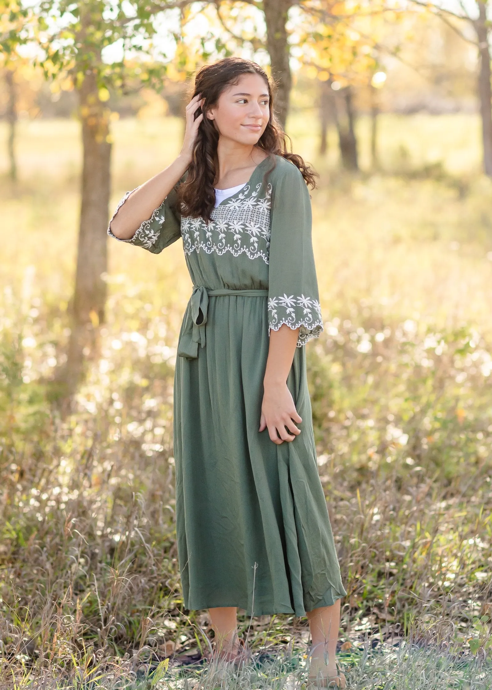 Flare 3/4 Sleeve Floral Embroidered Midi Dress - FINAL SALE