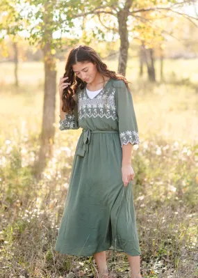 Flare 3/4 Sleeve Floral Embroidered Midi Dress - FINAL SALE
