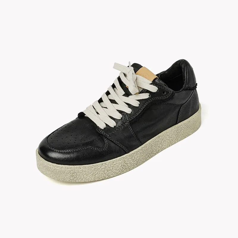 Handmade Horse Leather Round-Toe Casual Sneakers White/Black