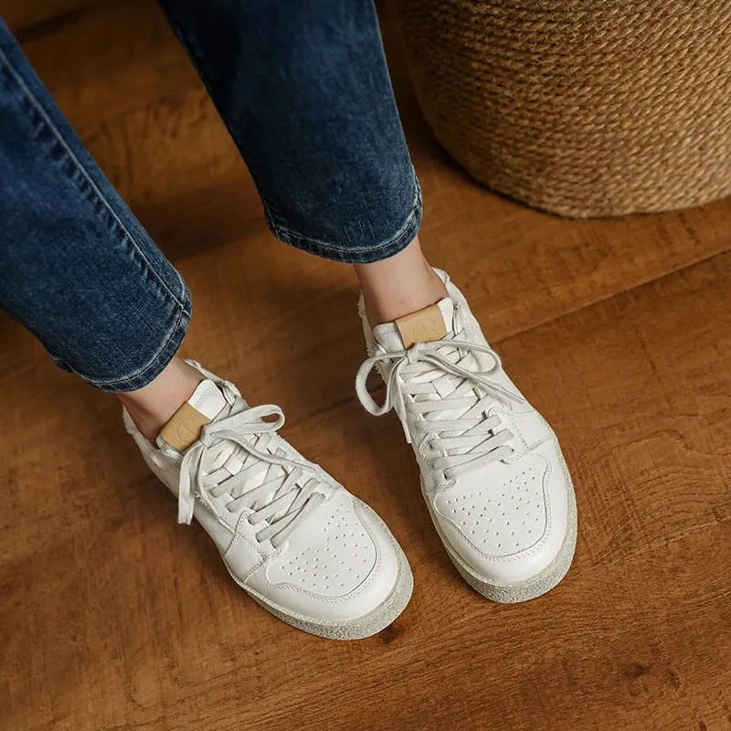 Handmade Horse Leather Round-Toe Casual Sneakers White/Black