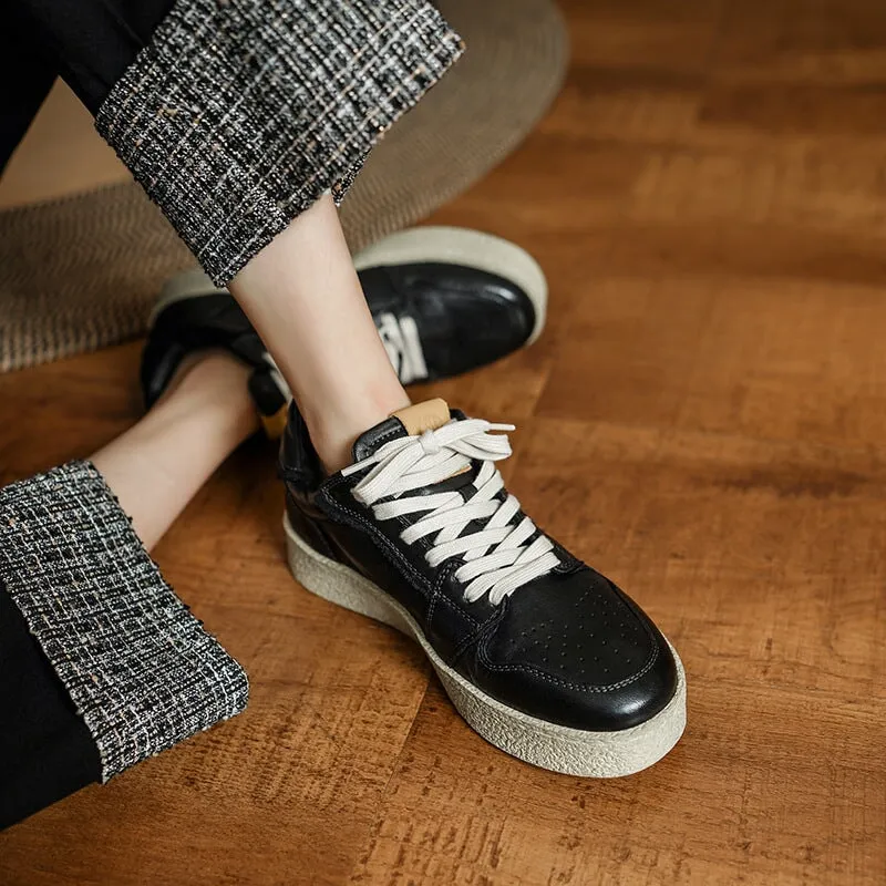 Handmade Horse Leather Round-Toe Casual Sneakers White/Black