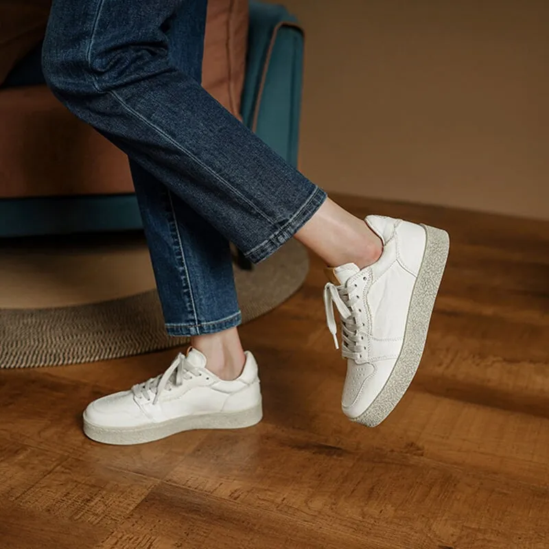 Handmade Horse Leather Round-Toe Casual Sneakers White/Black