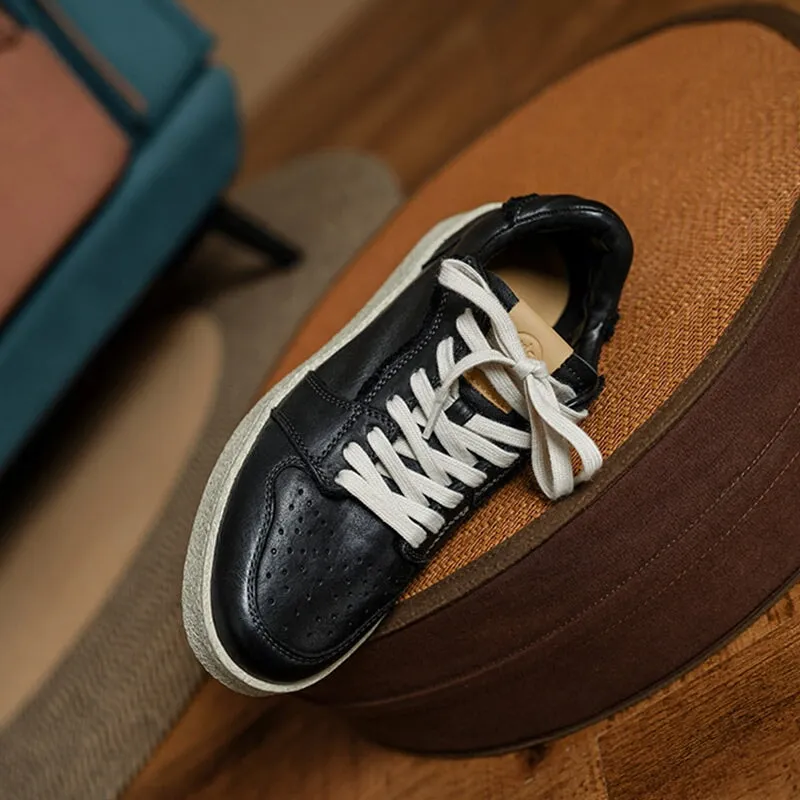 Handmade Horse Leather Round-Toe Casual Sneakers White/Black