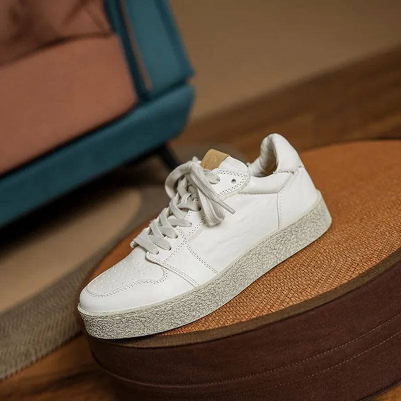 Handmade Horse Leather Round-Toe Casual Sneakers White/Black