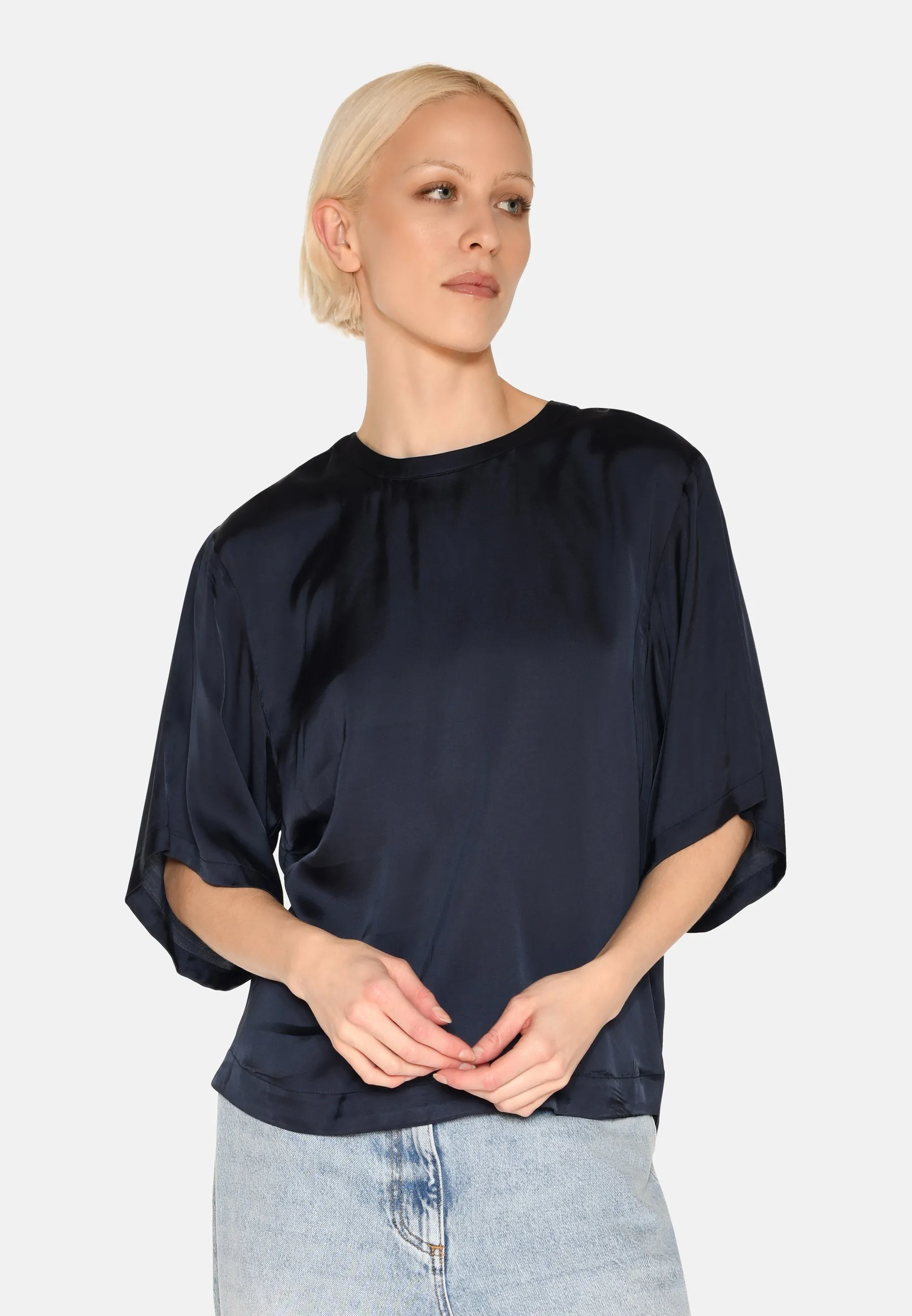 Janey short sleeved satin blouse 4165 - Sky Captain
