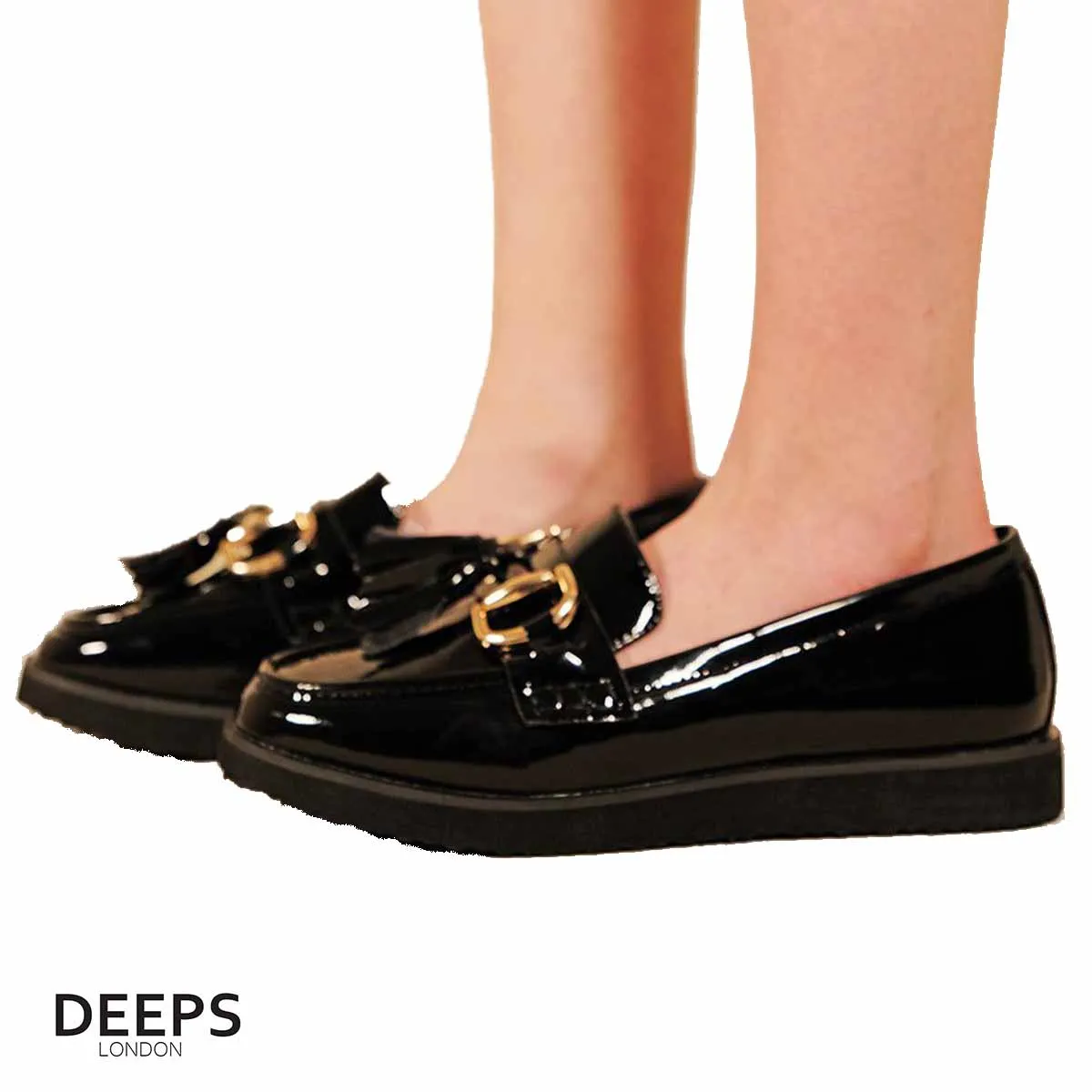 LARISSA BLACK CLASSIC SLIP ON LOAFER WITH GOLD BAR AND TASSEL