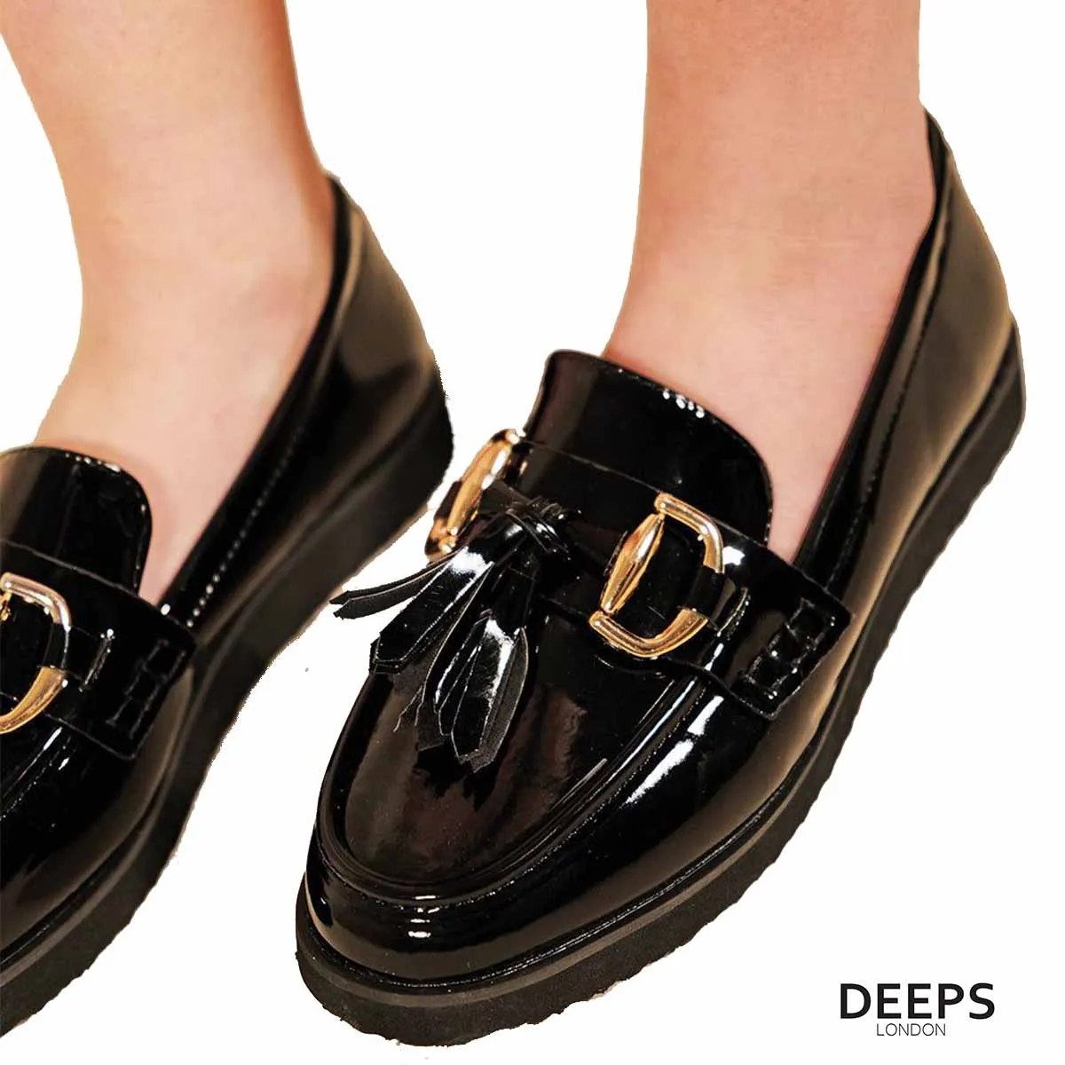 LARISSA BLACK CLASSIC SLIP ON LOAFER WITH GOLD BAR AND TASSEL
