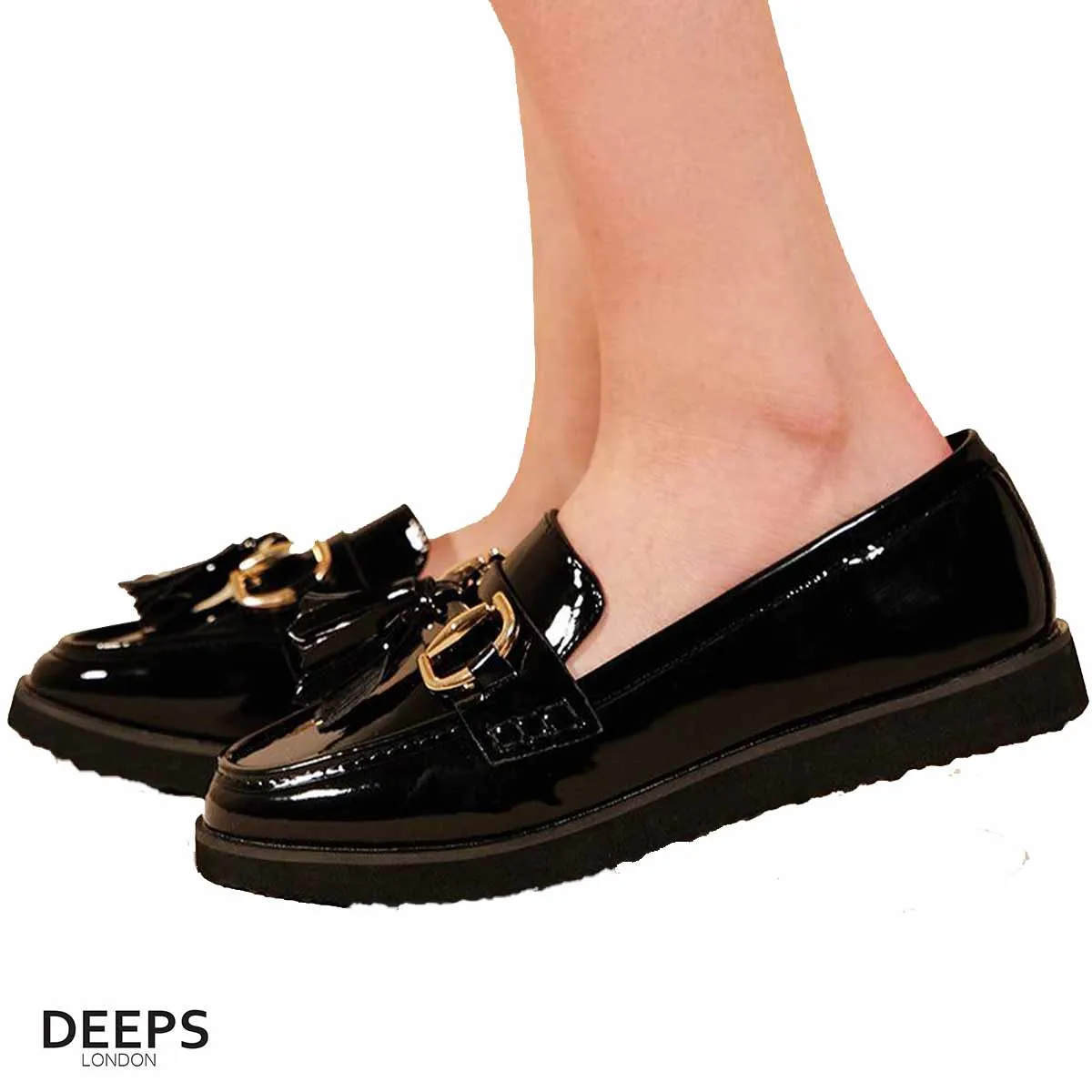 LARISSA BLACK CLASSIC SLIP ON LOAFER WITH GOLD BAR AND TASSEL