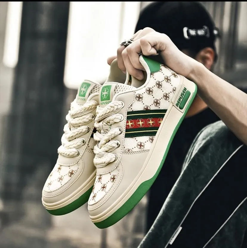 Men's Breathable White Rainbow Color Block  Sneakers