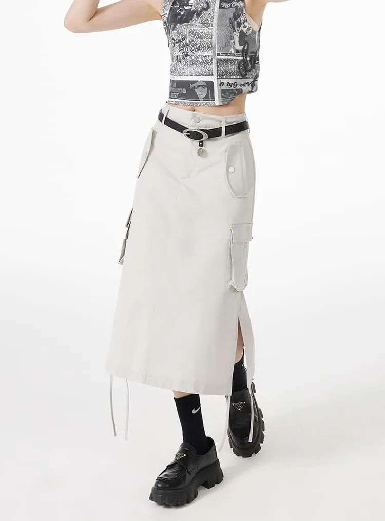 Ruched Side Cargo Midi Skirt