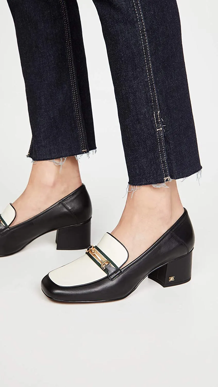 Sam Edelman Flo Black/Ivory Square Toe Block Heel Slip On Classic Fashion Loafer