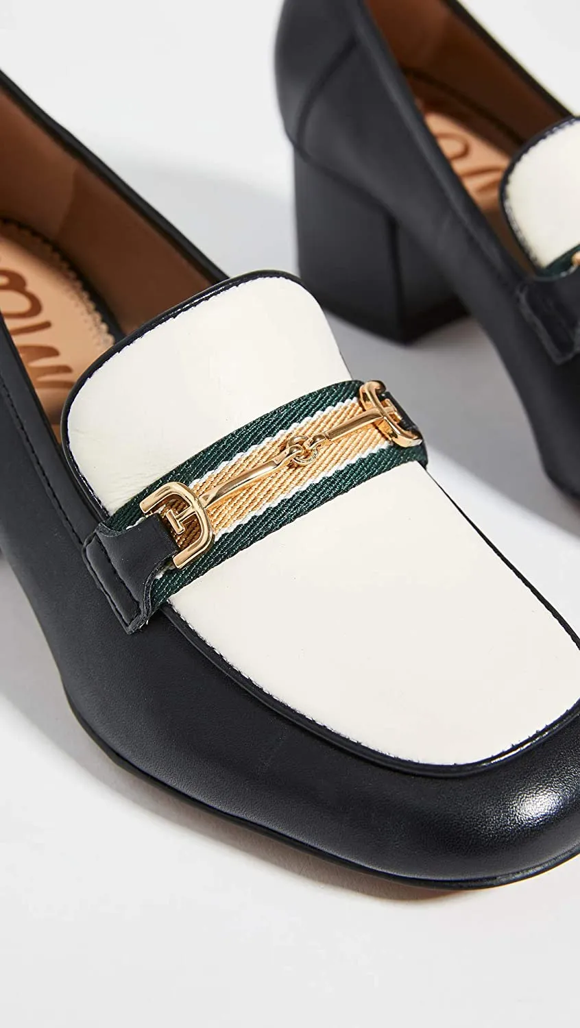Sam Edelman Flo Black/Ivory Square Toe Block Heel Slip On Classic Fashion Loafer