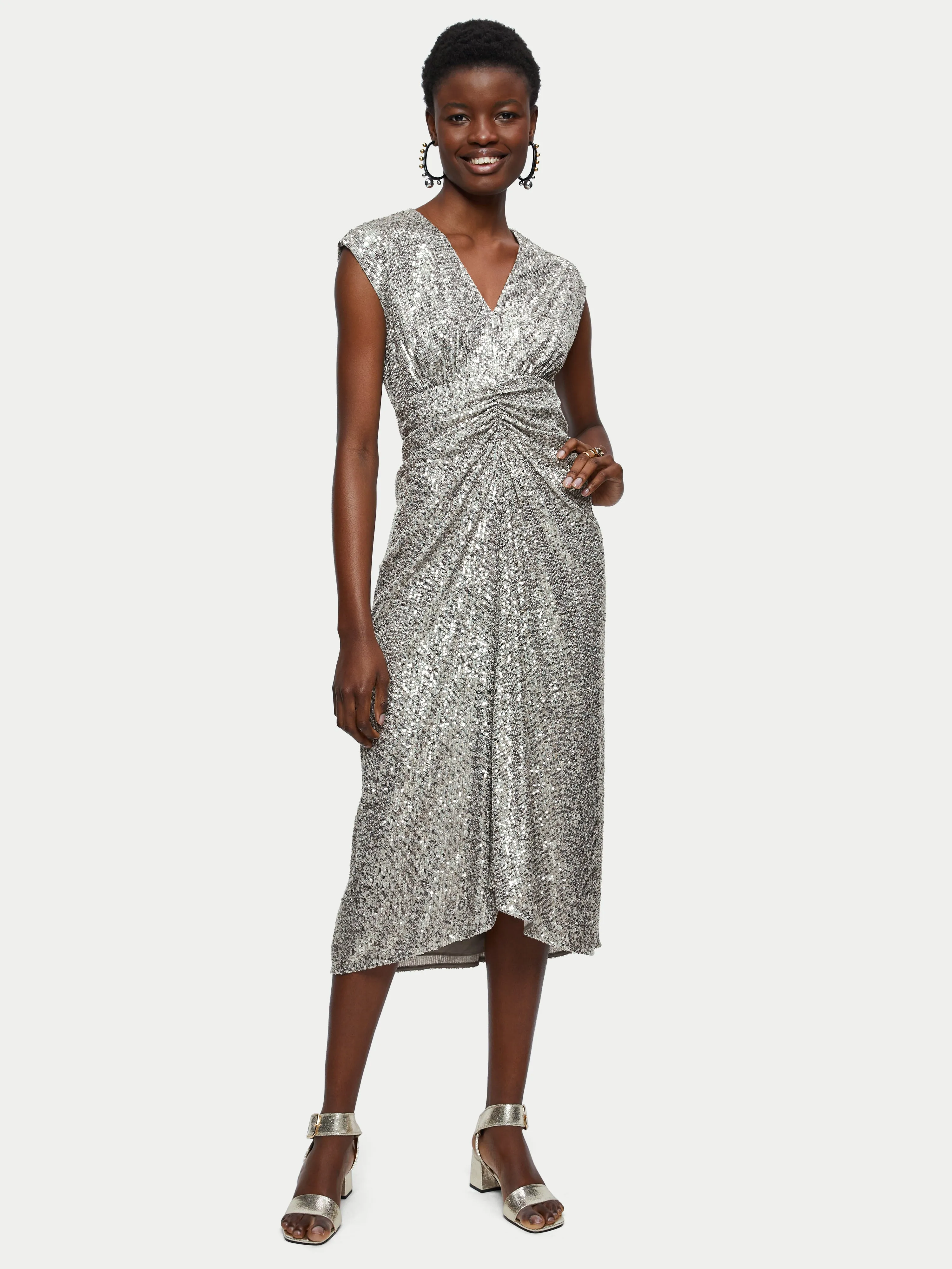Sequin Ruched Midi Dress | Pewter