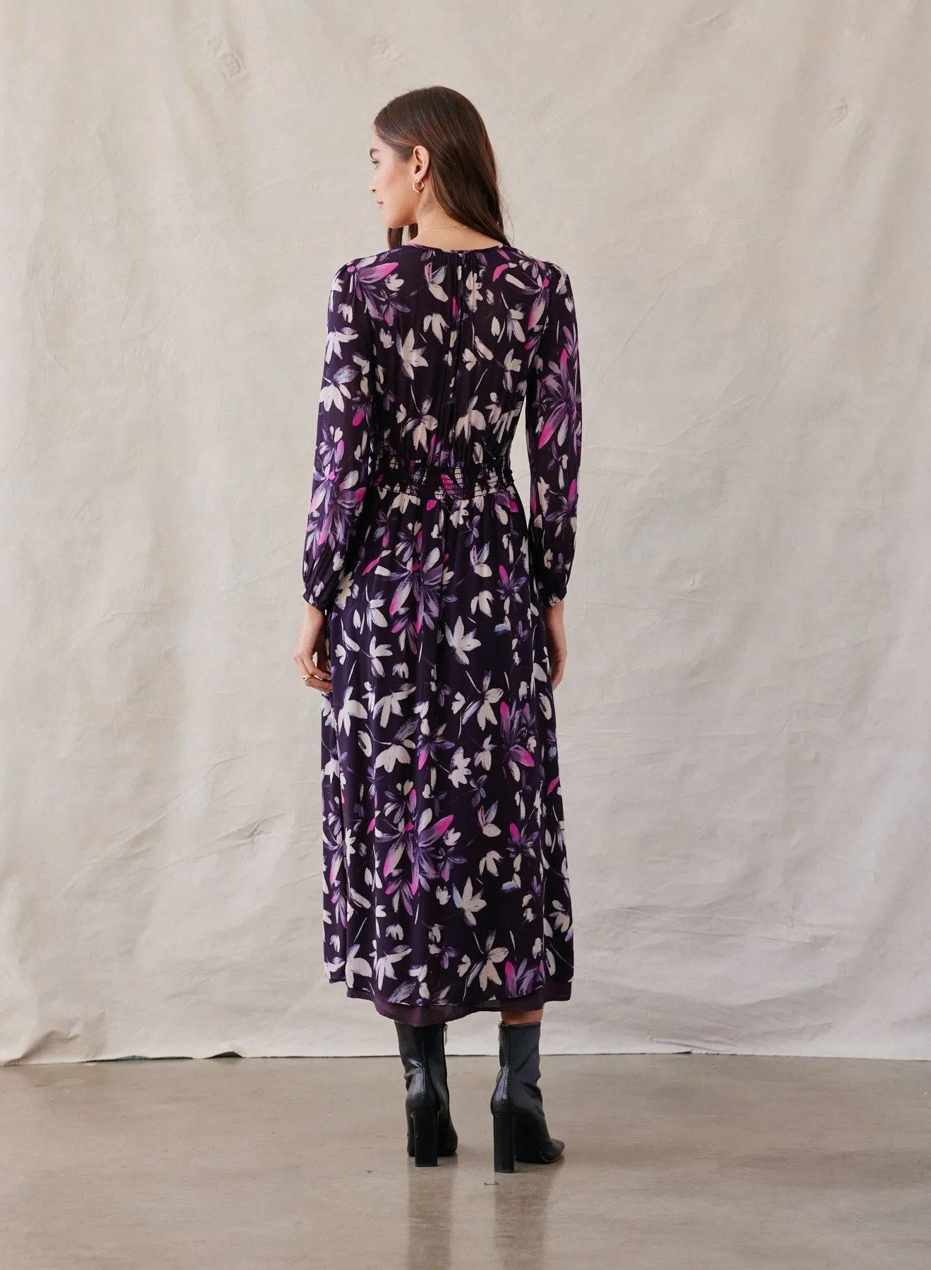 Smocked Back Maxi Dress - Floral Plum Print