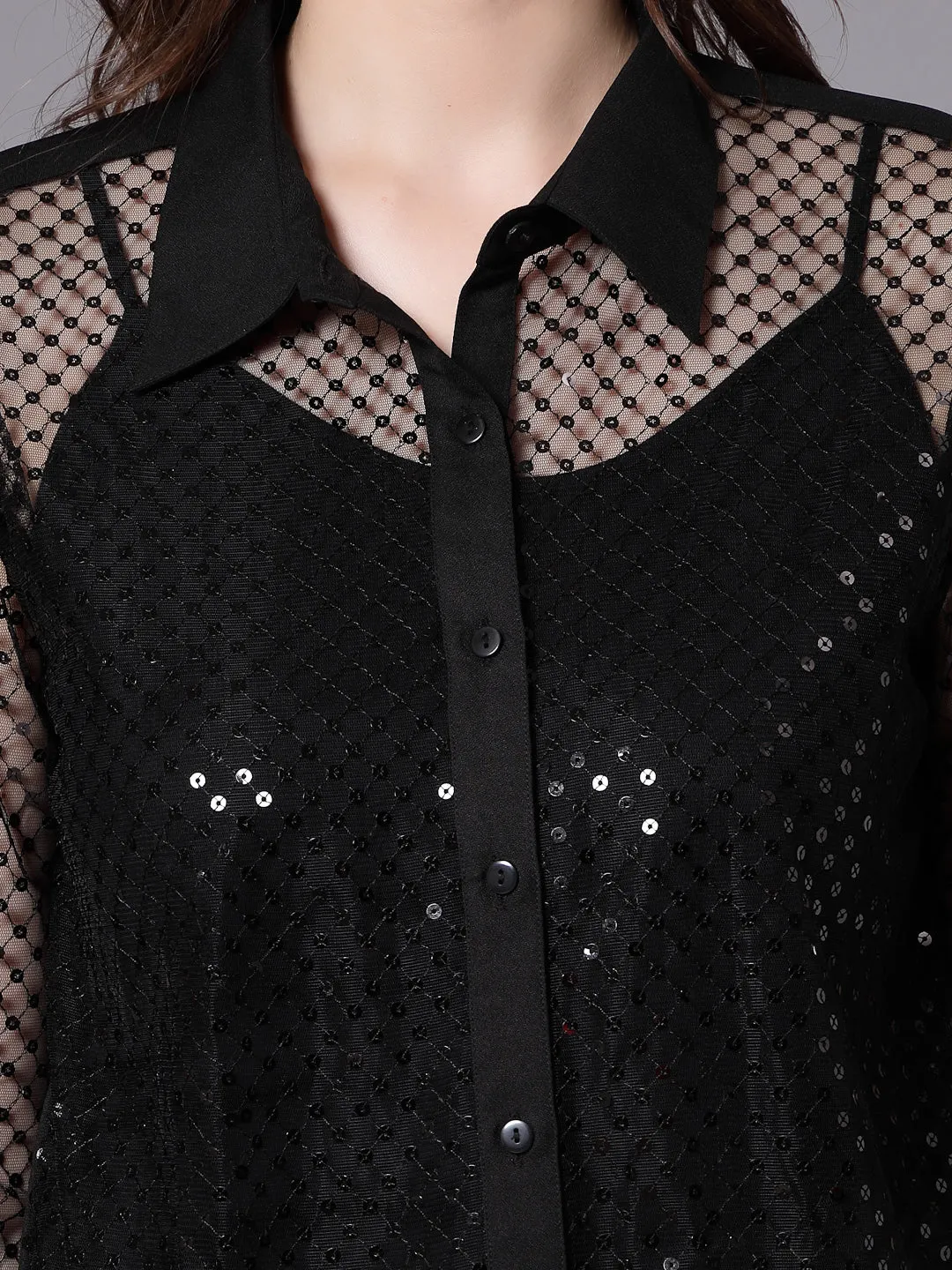 Style Quotient Women Self Design Black Sequin Party Shirt