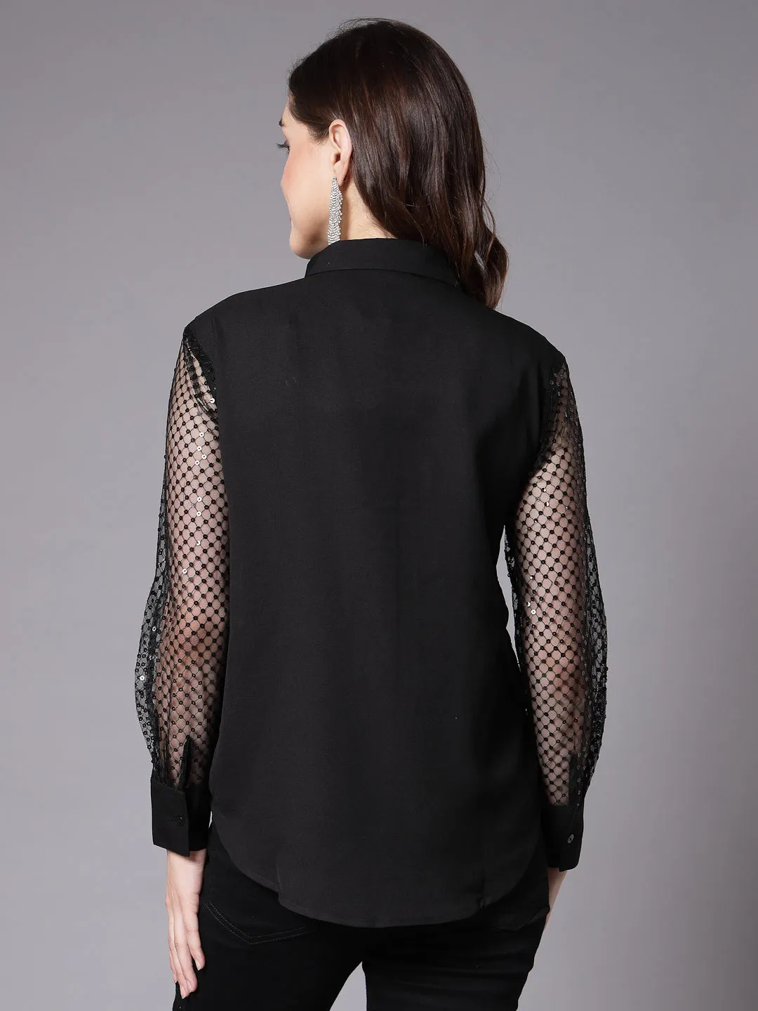 Style Quotient Women Self Design Black Sequin Party Shirt