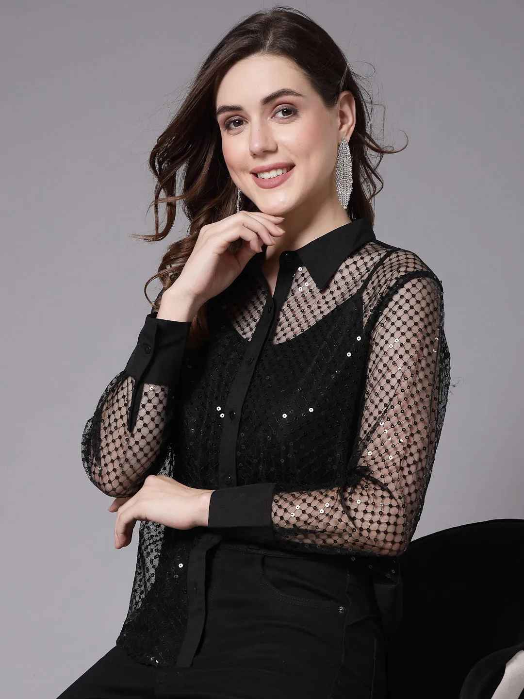 Style Quotient Women Self Design Black Sequin Party Shirt
