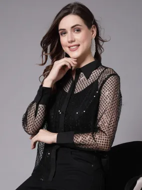 Style Quotient Women Self Design Black Sequin Party Shirt