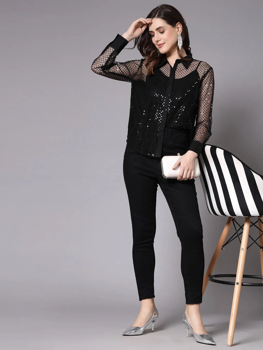 Style Quotient Women Self Design Black Sequin Party Shirt