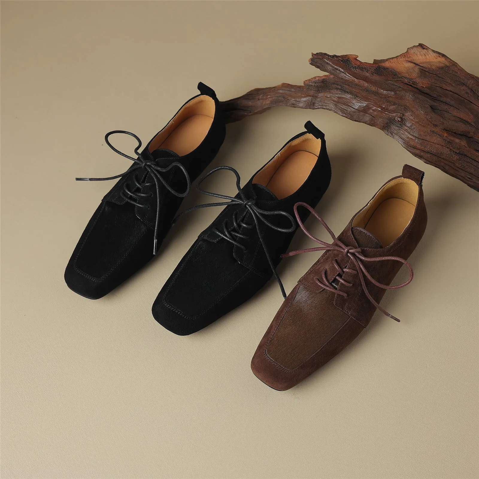 TinaCus Women Handmade Suede Leather Lace Up Square Toe Flat Shoes