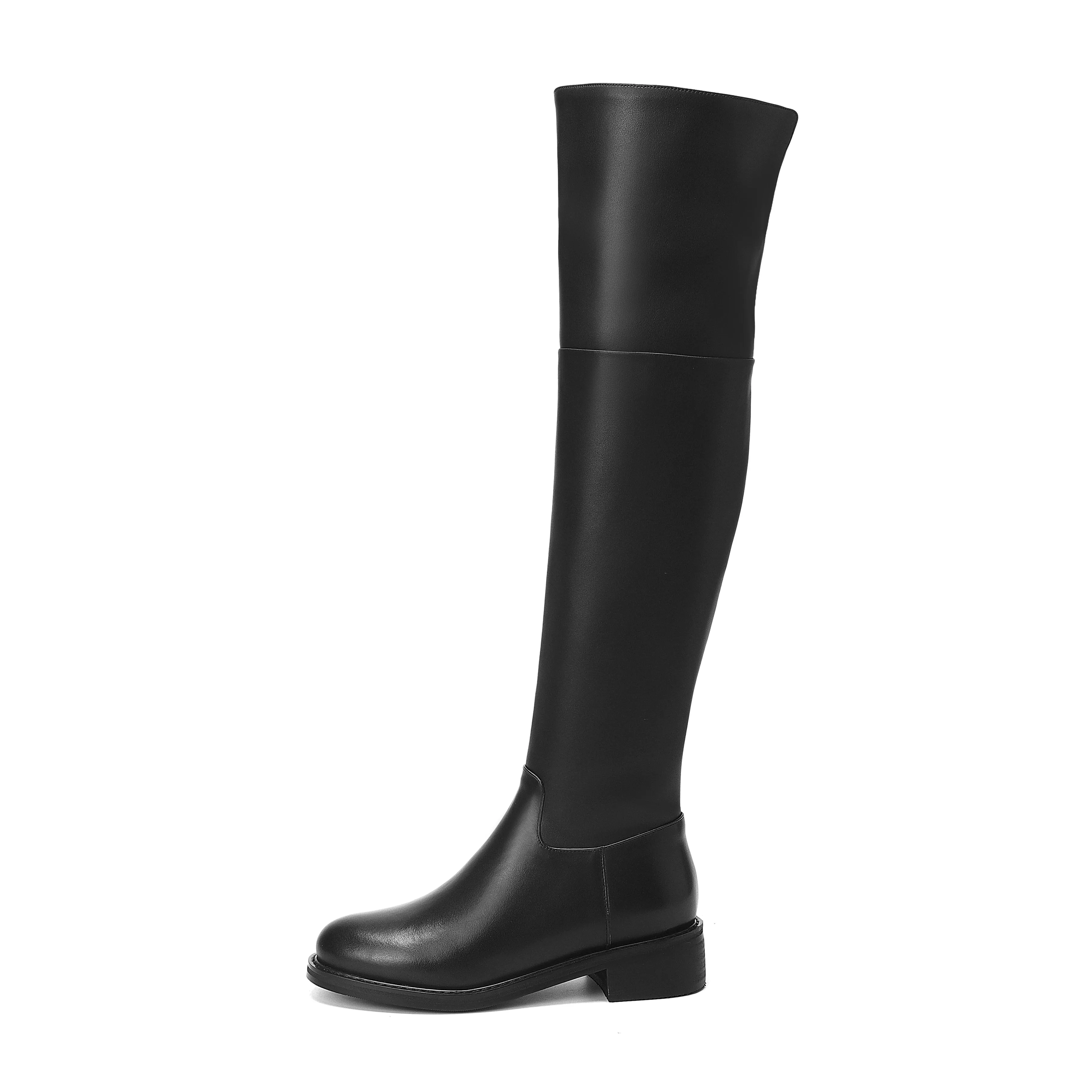 TinaCus Women's Genuine Leather Round Toe Handmade Half Side Zipper Low Chunky Heel Over Knee Boots