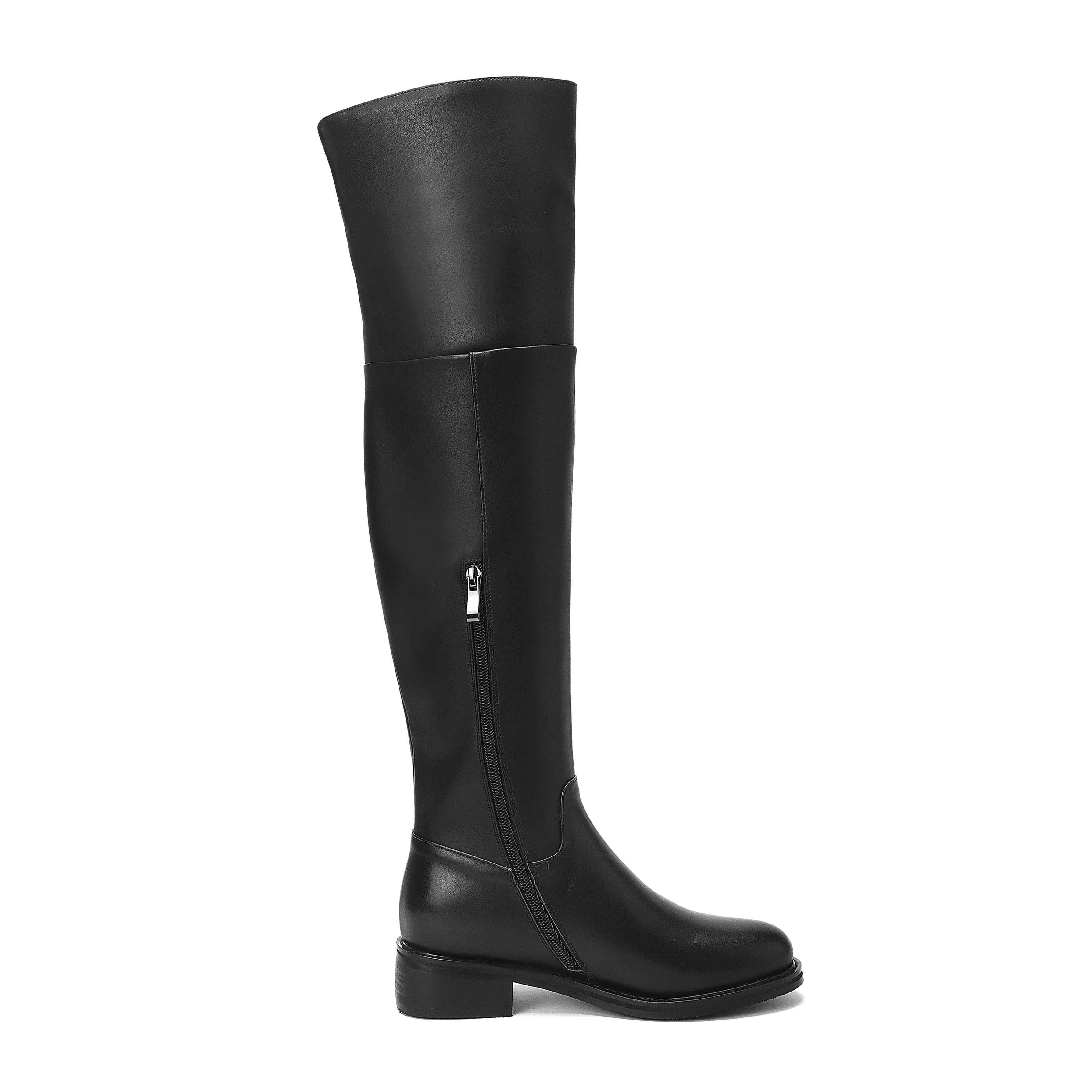 TinaCus Women's Genuine Leather Round Toe Handmade Half Side Zipper Low Chunky Heel Over Knee Boots