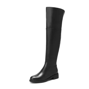 TinaCus Women's Genuine Leather Round Toe Handmade Half Side Zipper Low Chunky Heel Over Knee Boots