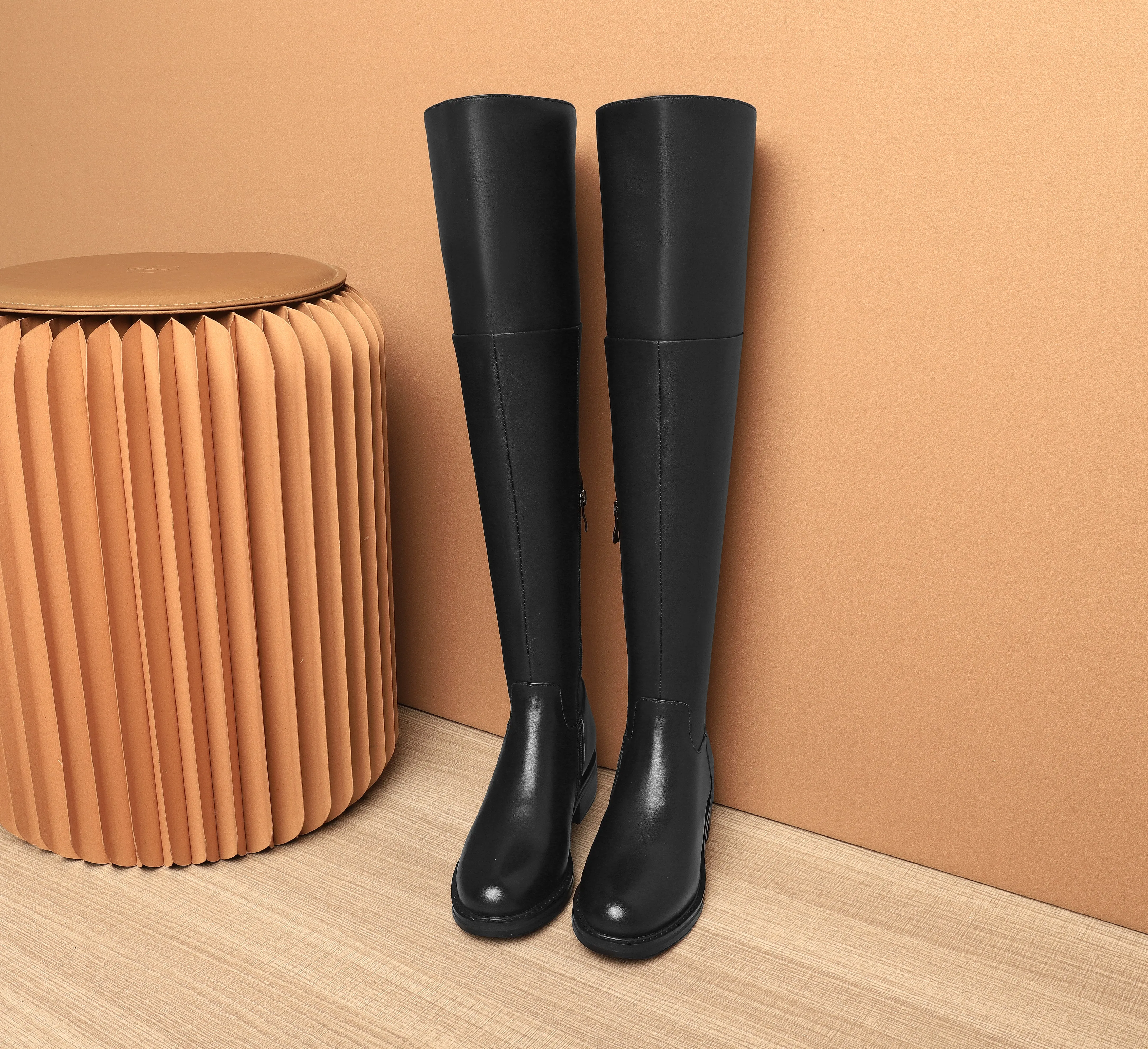 TinaCus Women's Genuine Leather Round Toe Handmade Half Side Zipper Low Chunky Heel Over Knee Boots