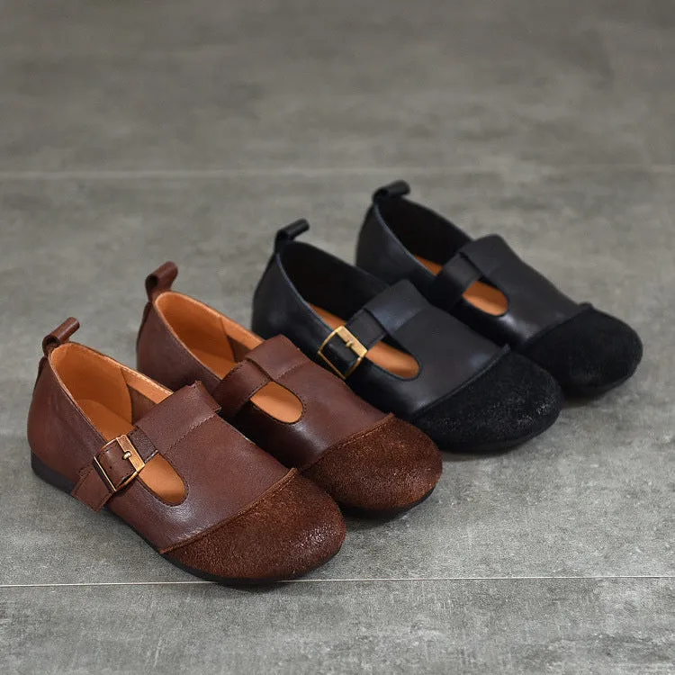 Vintage Literary Handmade Leather Round Toe T Buckle Mary Jane Women's Shoes