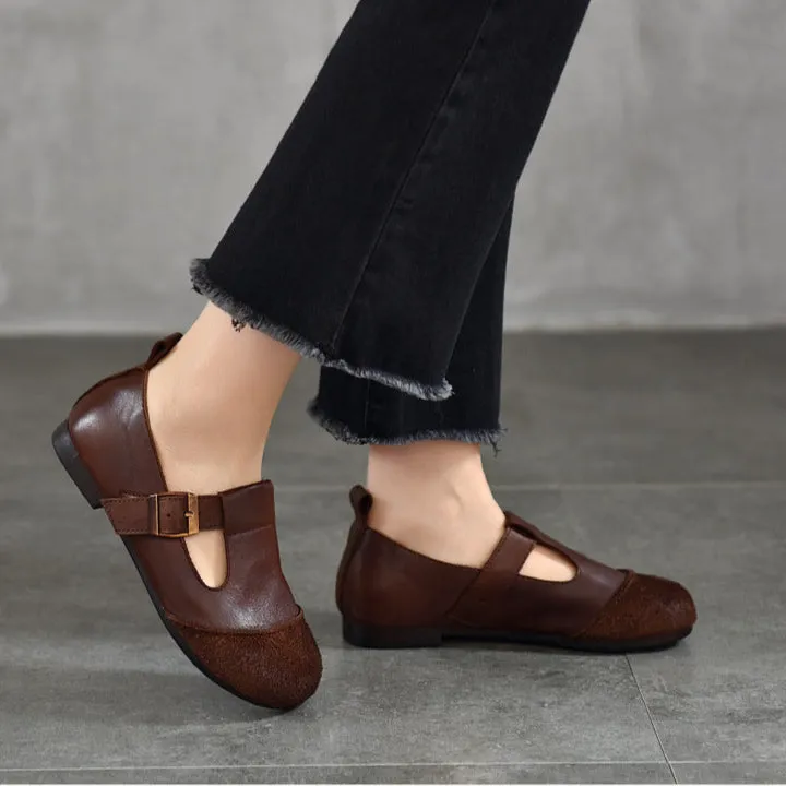 Vintage Literary Handmade Leather Round Toe T Buckle Mary Jane Women's Shoes