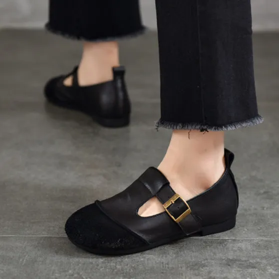 Vintage Literary Handmade Leather Round Toe T Buckle Mary Jane Women's Shoes