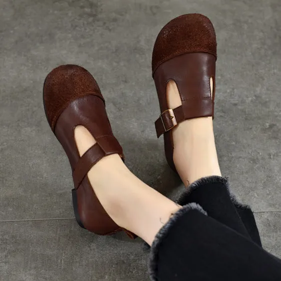 Vintage Literary Handmade Leather Round Toe T Buckle Mary Jane Women's Shoes