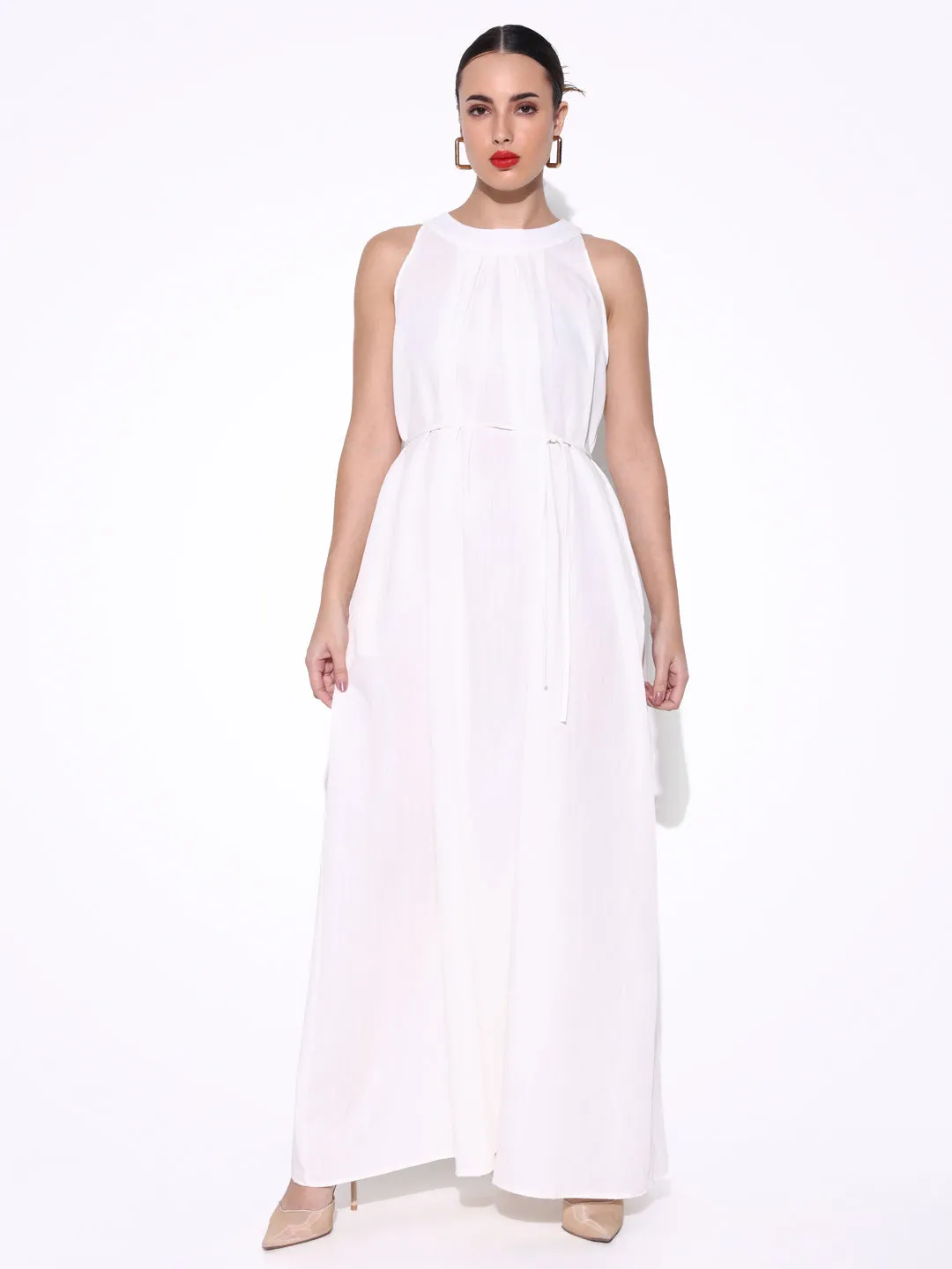 Women Solid White Fit and Flare Dress
