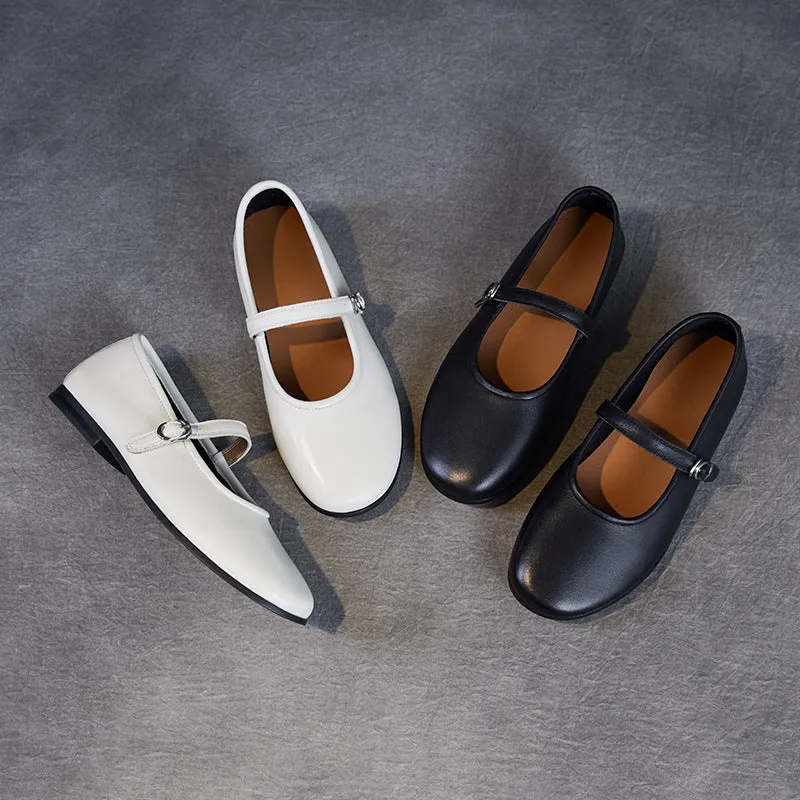 Womens Cowhide Buckle With Round Toe Comfortable Flat Mary Jane Shoes